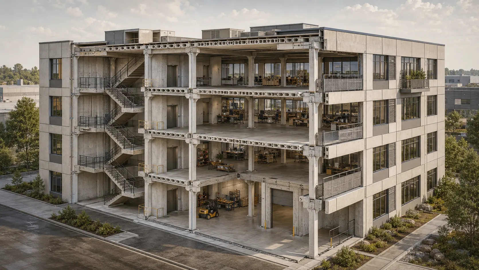 Prefabrike yapının sistemlerini birlikte gösteren büyük aksonometrik çalışma
