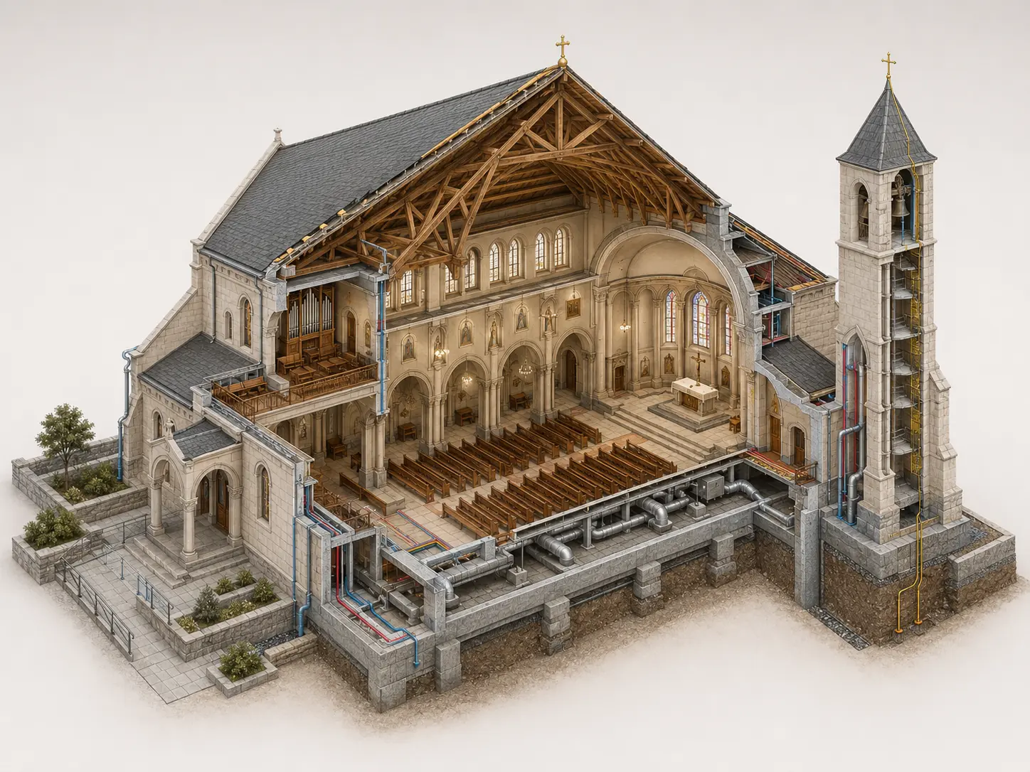 Detailed axonometric cutaway showing architectural, structural and material relationships